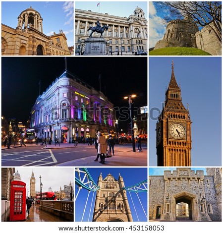 Collage of Landmarks in the United Kingdom - Oxford, Big ben, London bridge, Piccadilly Circus, Whitehall