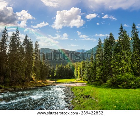 collage landscape with pine trees in mountains and a river in front flowing to lake with rainbow