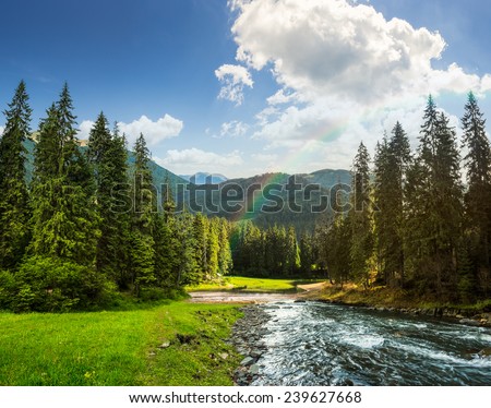 collage landscape with pine trees in mountains and a river in front flowing to lake in sunset light with rainbow