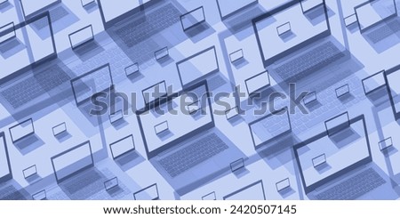 Collage of laptop computers background, technology and communication concept