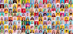 Collage Of Large Group Of Smiling People Composite Portrait Image Gathered Together Reaching Out Each Other 4g 5g Connection Contacting Multiracial Society
