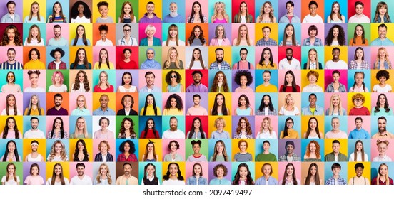 Collage der großen Gruppe von lächelnden Menschen zusammentragendes Porträtbild zusammengestellt, die sich gegenseitig 4g 5g-Verbindung, die die multiethnische Gesellschaft kontaktieren, zu erreichen