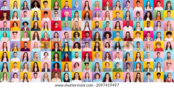 Collage of large group of smiling\
people composite portrait image gathered together reaching out each\
other 4g 5g connection contacting multiracial\
society