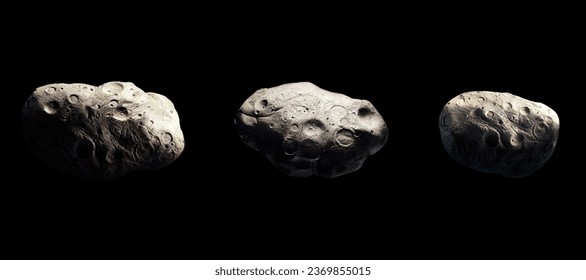 Collage of the largest asteroids in the solar system. Meteorites on a black background. Composite image of celestial bodies.