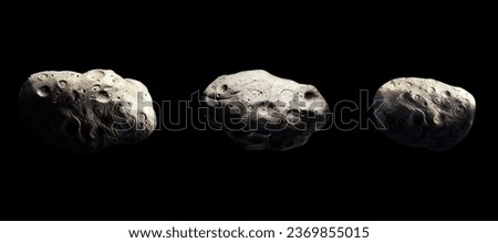 Collage of the largest asteroids in the solar system. Meteorites on a black background. Composite image of celestial bodies.