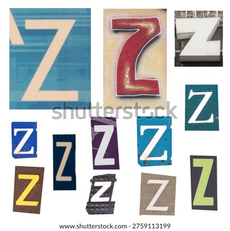 A collage of the letter Z in multiple typefaces and textures, showing urban signage, graffiti and printed typography. Colorful, graphic and textured study of the alphabet and letterform design.