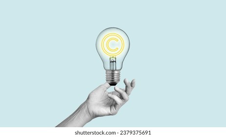Collage with light bulb. Intellectual property rights. Copyright or patent concept, intellectual property. Patented brand identity license product copyright.