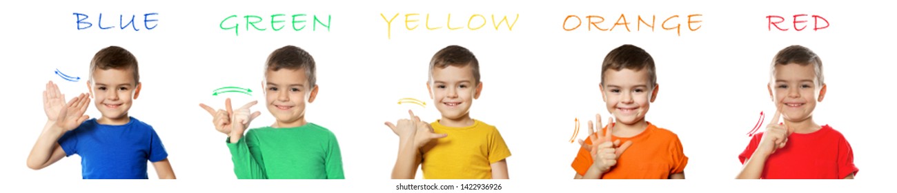 Collage of little boy showing different words on white background. Sign language
