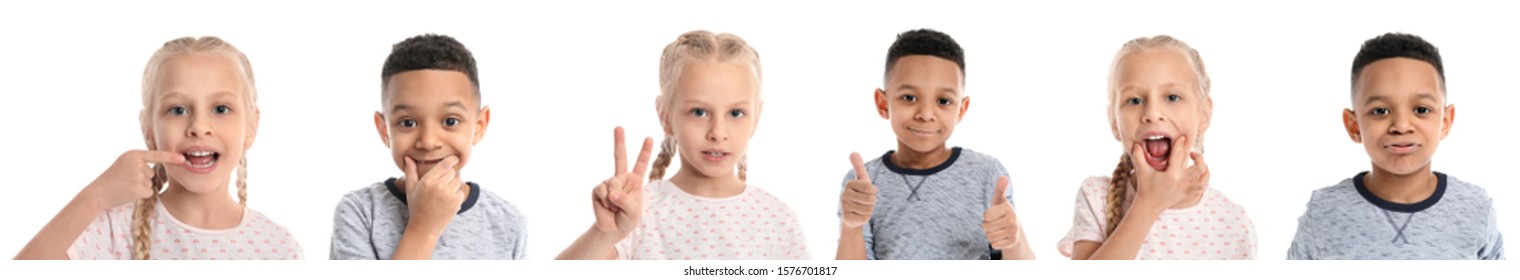 Collage With Little Children On White Background. Concept Of Speech Therapy