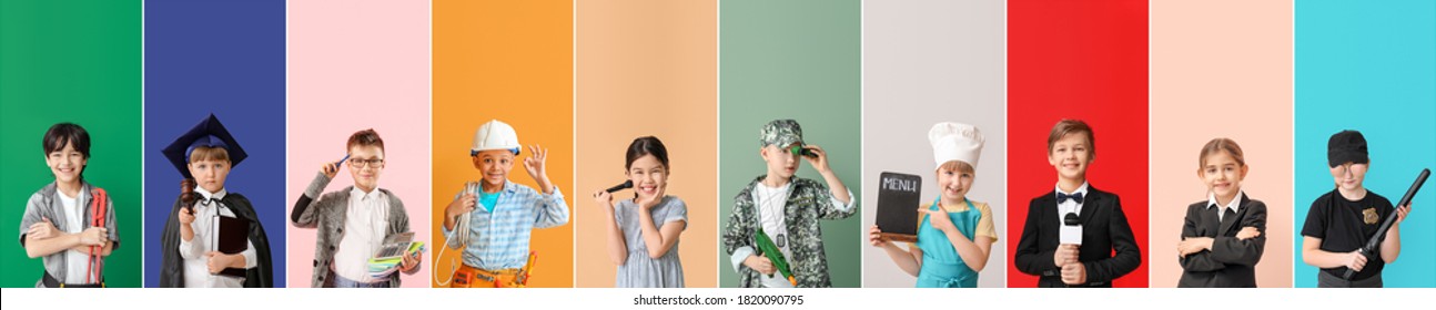 Collage with little children in uniforms of different professions on color background - Shutterstock ID 1820090795