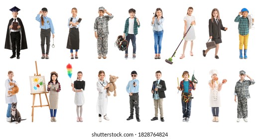 Collage with little children in uniforms of different professions on white background