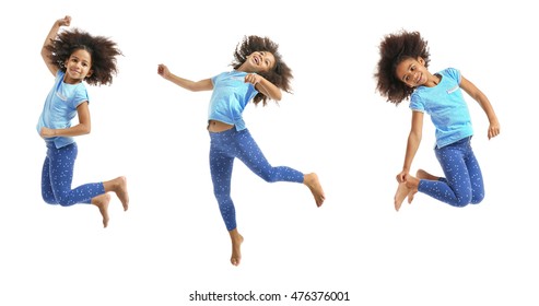 Collage of little cute girl having fun on white background.