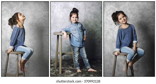Collage of little fashion kid girl on gray wall background
