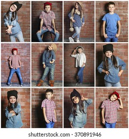 Collage Of Little Fashion Kids On Bricks Wall Background