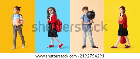 Collage of little school children on color background