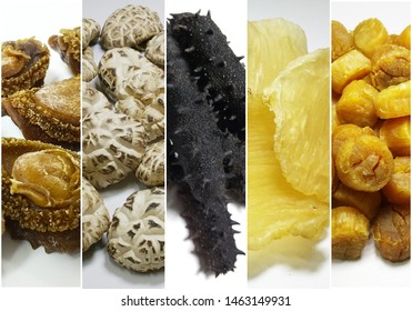 Collage Of Luxury Dried Seafood. Abalone, Mushroom, Sea Cucumber, Fish Maw, Dried Scallop