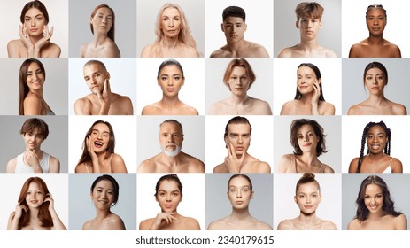 Collage made of beautiful people, men and women of different age and nationality over grey and white background. Concept of skincare, natural beauty, plastic surgery, cosmetology, cosmetics, ad