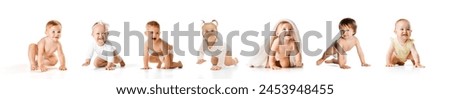 Collage made of different cute babies, little boys and girls, children in diaper smiling isolated on white background. Concept of childhood, health care, baby emotions, growth