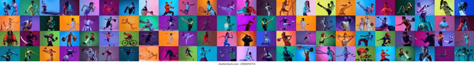 Collage made of different people of diverse age, gender doing various kind of sports against multicolored background in neon light. Concept of sport, action and motion, competition, game - Powered by Shutterstock