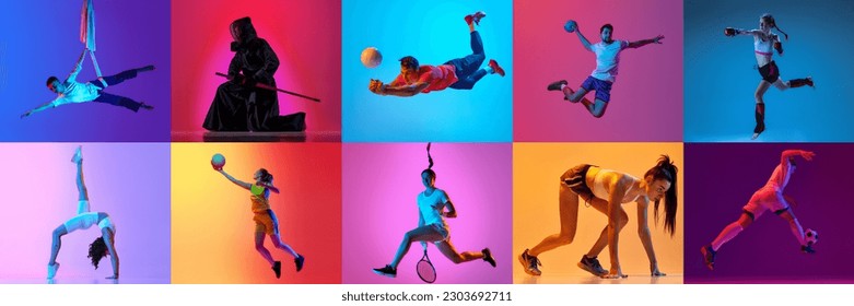 Collage made of different people, men and women, training, doing diverse kind of sports against, multicolored background. Concept of sport, action and motion, competition, game, training