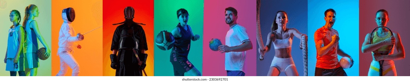 Collage made of different sportive people in uniform, doing diverse kind of sports, posing against multicolored background in neon light. Concept of sport, action and motion, competition, game - Shutterstock ID 2303692701