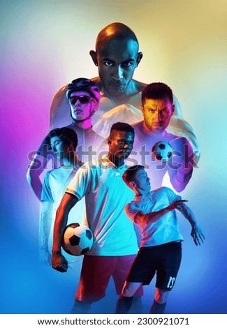 COllage made of different young people, male sportsmen in box, football, cycling standing over multicolored background in neon light. Concept of sport, competition. Banner. Poster, flyer, ad
