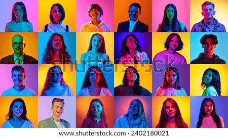 Collage made of different young people, men and women smiling over multicolored background in neon light. Concept of human emotions, diversity, lifestyle, facial expression