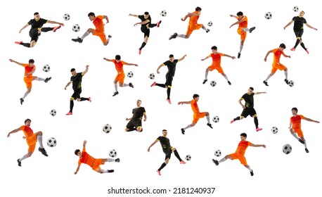 Collage made of dynamic images of male professional football soccer players with ball in motion, action isolated on white studio background. Attack, defense, fight, kick. Championship - Powered by Shutterstock