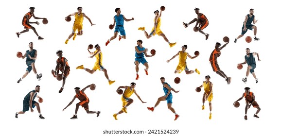 Collage made of dynamic shots of athlete men, professional basketball players with training with ball against white background. Concept of sport, action, motion, movement, energy, active lifestyle. Ad - Powered by Shutterstock