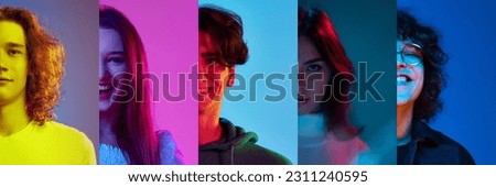 Collage made of five young people. Half-face images of smiling man and woman over multicolored background in neon light. Happiness. Concept of human emotions, facial expression, youth, lifestyle.