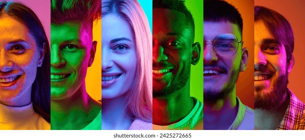 Collage made of half of faces of male and female models. Close up faces of young people, man and woman against multicolored background in neon light. Concept of social equality, freedom, acceptance. - Powered by Shutterstock