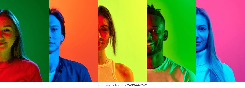 Collage made of half-faced portrait of different people, men and women of different age and race over multicolored background in neon light. Equality. Concept of diversity, emotions, lifestyle