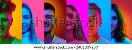 Collage made of half-faced portrait of different young people, men and women smiling over multicolored background in neon light. Concept of diversity, emotions, lifestyle, equality, youth