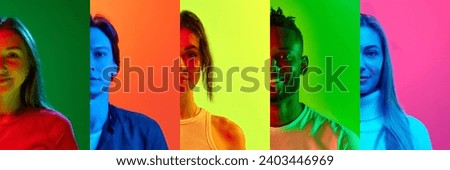 Collage made of half-faced portrait of different people, men and women of different age and race over multicolored background in neon light. Equality. Concept of diversity, emotions, lifestyle