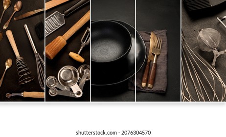Collage made of kitchen utensils on black background. Tools for cooking. - Shutterstock ID 2076304570