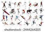 Collage made of men and women, athletes in motion training, sportspeople of various kind of sports in motion isolated on white background. Professional sport, competition, championship, game concept