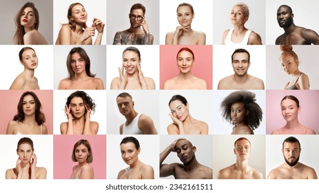 Collage made of portraits with beautiful different nationality young men and women enjoy spa treatments. Body and beauty care, daily hygiene, moisturizing cosmetics