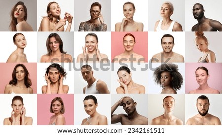 Collage made of portraits with beautiful different nationality young men and women enjoy spa treatments. Body and beauty care, daily hygiene, moisturizing cosmetics