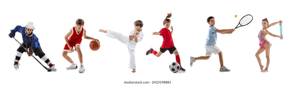 Collage made of portraits of children, diverse group of athletes in action against white studio background. Movement. Concept of sport, motion, active lifestyle, achievements, challenges. - Powered by Shutterstock