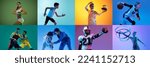 Collage made of portraits of diverse professional atheletes of different age doing various sports isolated over mulricolored background in neon. Concept of action, sport life, motivation, competition.