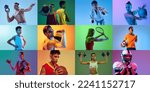 Collage made of portraits of diverse professional atheletes of different age doing various sports isolated over mulricolored background in neon. Concept of action, sport life, motivation, competition.