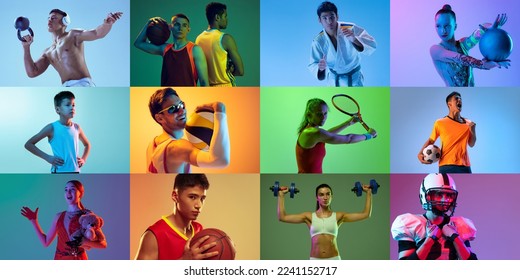Collage made of portraits of diverse professional atheletes of different age doing various sports isolated over mulricolored background in neon. Concept of action, sport life, motivation, competition. - Shutterstock ID 2241152717