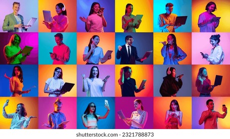 Collage made of portraits of diverse young people with gadgets, communicating, studying over multicolor background in neon light. Concept of human emotions, youth, lifestyle, facial expression. Ad
