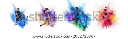 Collage made of portraits of fit men and woman in action, motion in explosion of paints and colorful powder isolated on white background. Splashing of bright colors. Horizontal flyer, poster