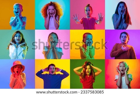 Collage made of portraits of little boys and girls, children showing emotions of surprise against multicolored background in neon light. Concept of human emotions, childhood, acial expression. Ad