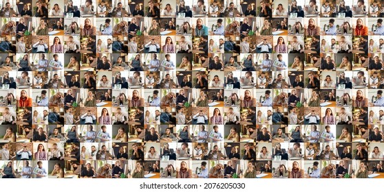 Collage made of portraits of multiethnic people, businessmen indoors. Co-workers at office or living room. Business, education, teamwork, work, finance, tech and ad concept. Composite image