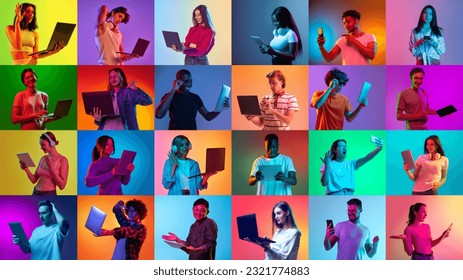 Collage made of portraits of young men and women using different gadgets for work and communication on multicolored background in neon light. Concept of human emotions, youth, lifestyle, business. Ad