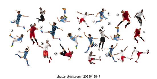 Collage Made Of Professional Football Soccer Players With Ball In Motion, Action Isolated On White Studio Background. Attack, Defense, Fight, Kick. Group Of Men In Football Kits. Horizontal Flyer