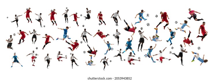 Collage Made Of Professional Football Soccer Players With Ball In Motion, Action Isolated On White Studio Background. Attack, Defense, Fight, Kick. Group Of Men In Football Kits. Horizontal Flyer