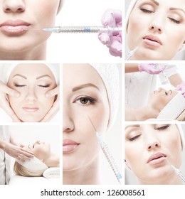 Collage made of some different pictures with the botox injections over white background